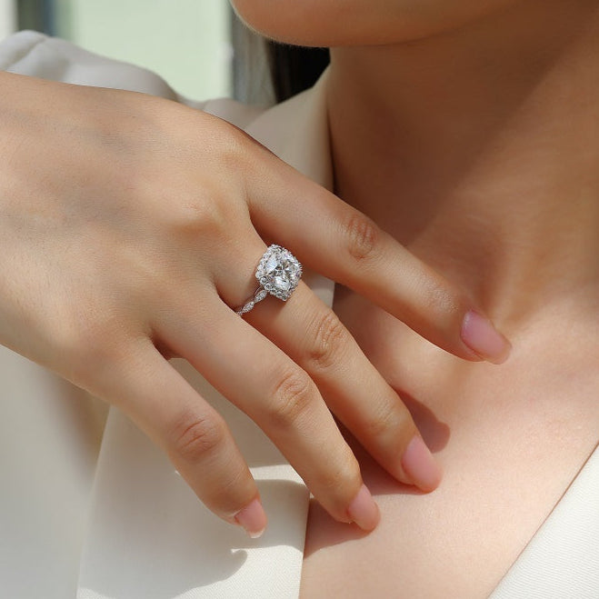 2.5CT Cushion Cut Moissanite Halo Engagement Ring | Twisted Band |