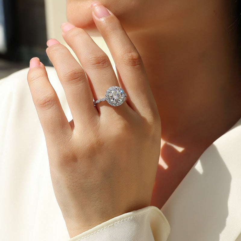 3CT Round Cut Moissanite Halo Engagement Ring with Twisted Band — 18K White Gold Plated 925 Sterling Silver