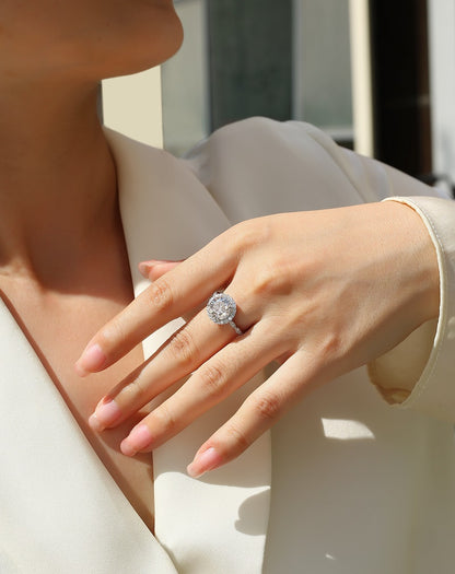 3CT Round Cut Moissanite Halo Engagement Ring with Twisted Band — 18K White Gold Plated 925 Sterling Silver