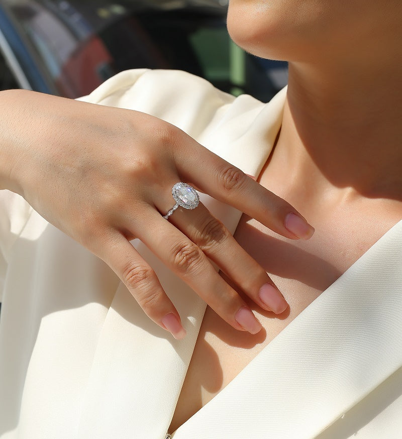 3.5CT Oval Cut Moissanite Halo Engagement Ring with Twisted Band