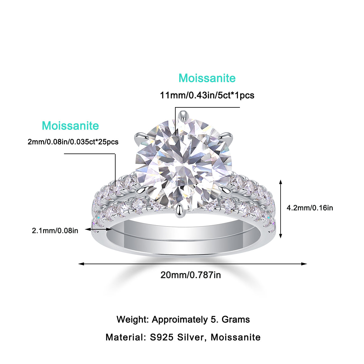 5 Carat Round Cut Moissanite Wedding Ring Set